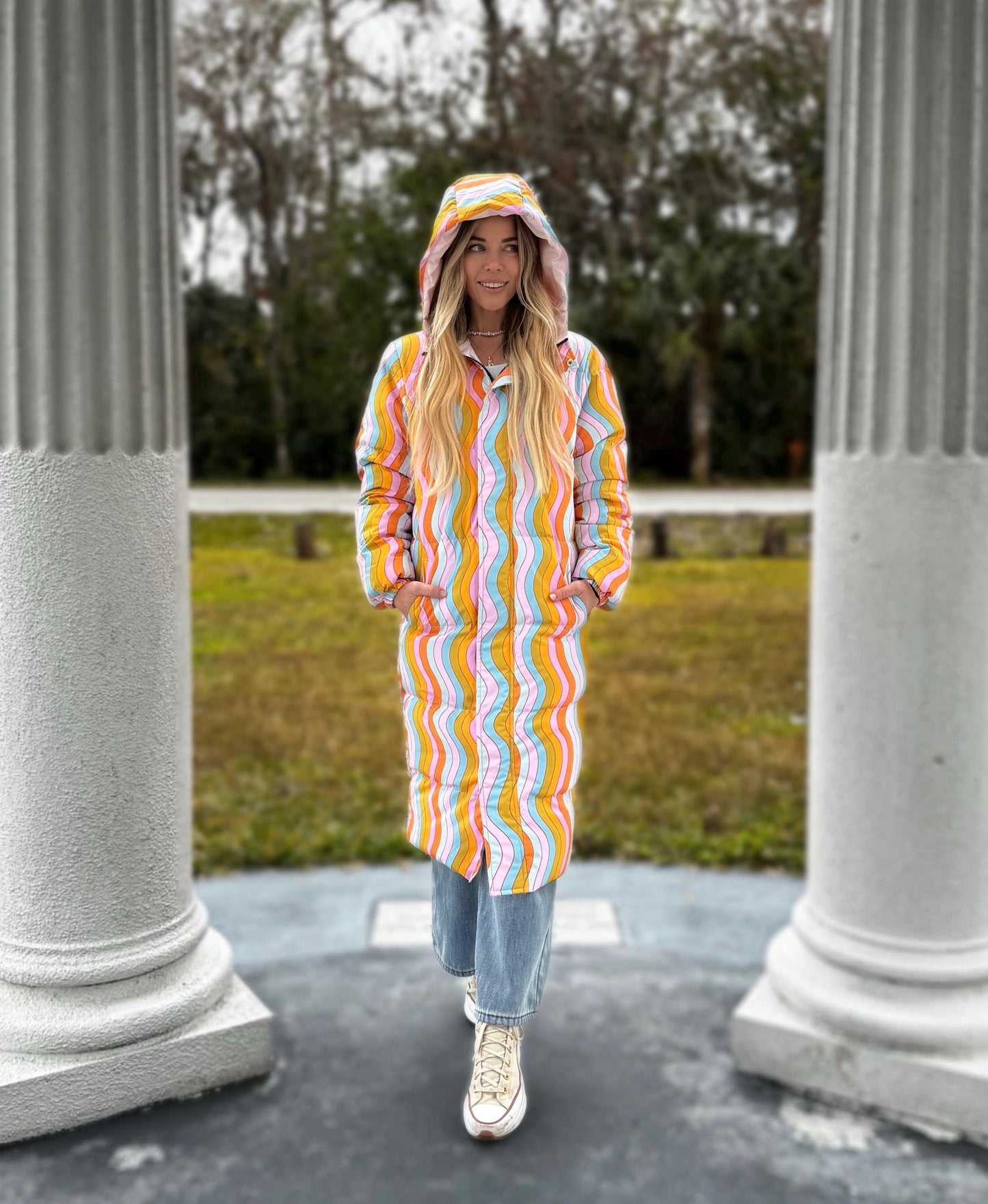 Wavy Rainbow Puffer Coat: Long Trippy Festival Winter Jacket