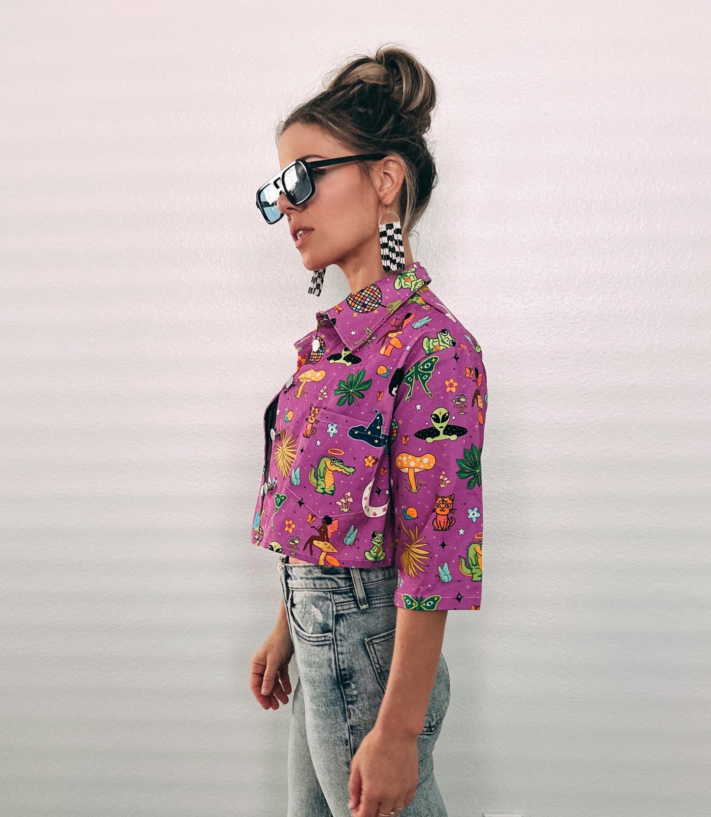 Hulaween Cropped Denim Jacket: Trippy Mushroom Music Fest - Cotton Blend