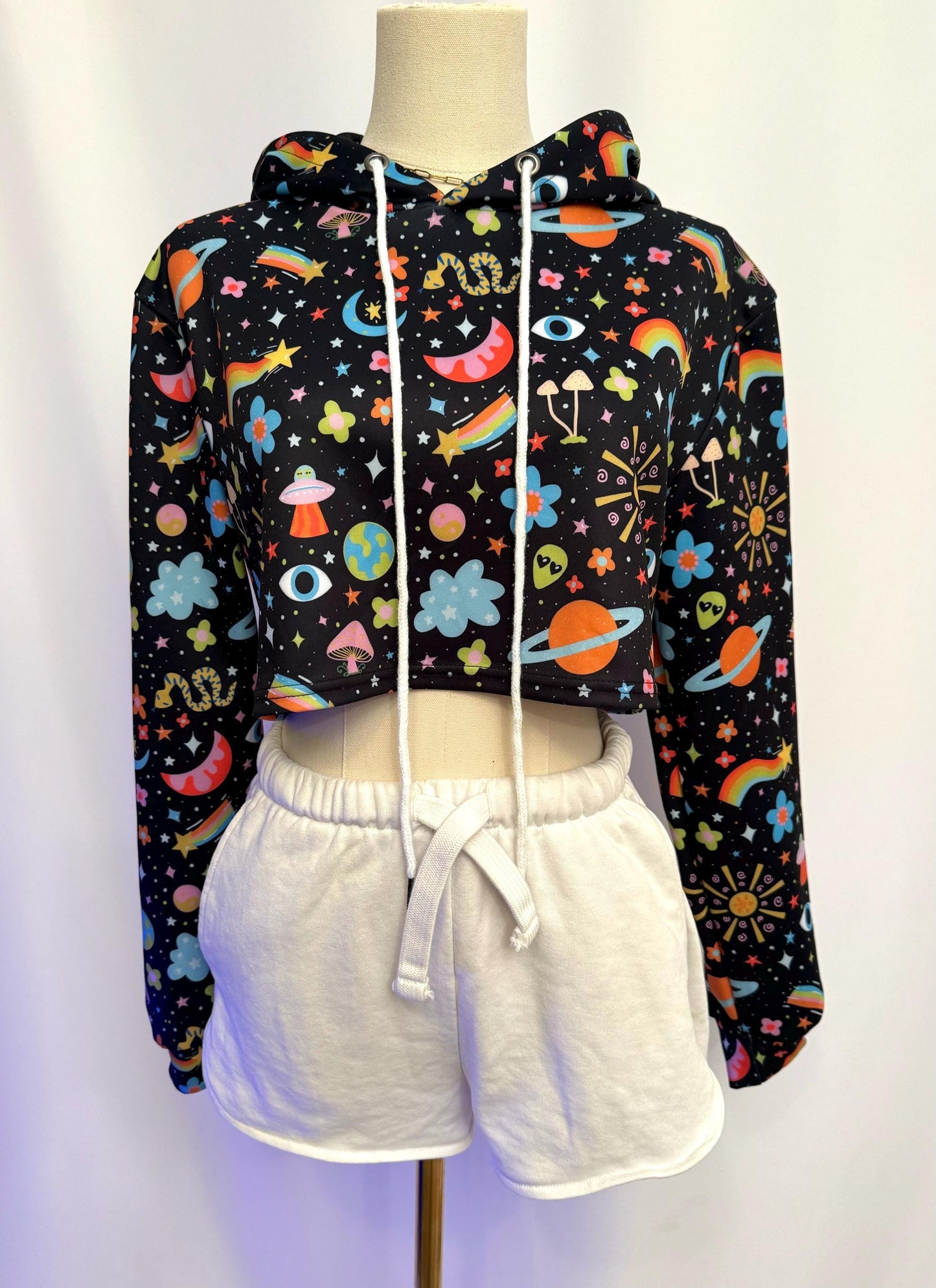Cosmic Cropped Hoodie: Trippy Alien, Mushroom & Rainbow Print