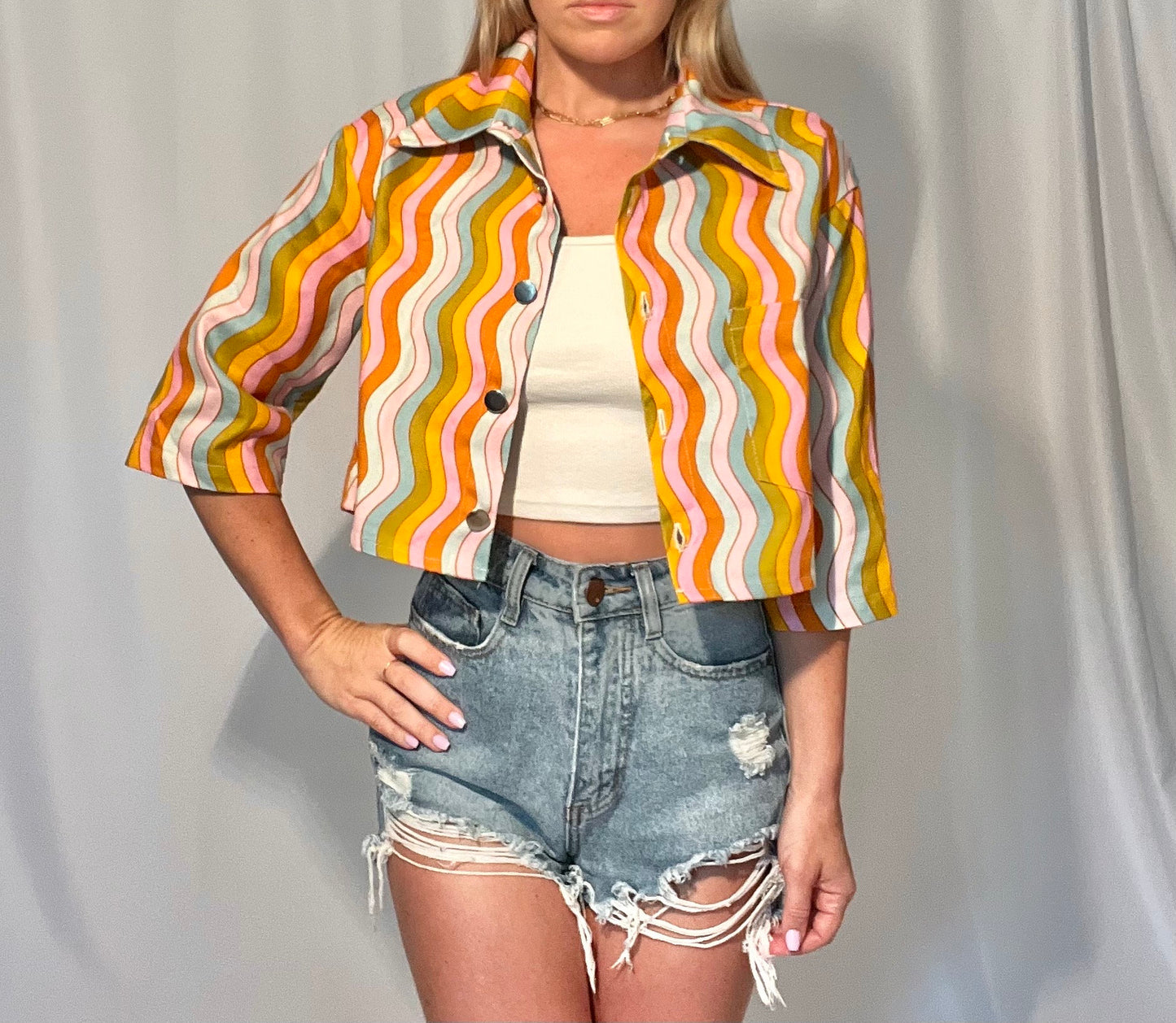 wavy rainbow denim jacket